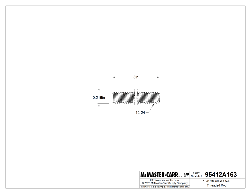 Technical Drawing of 18-8 Stainless Steel Threaded Rod, 12-24 Thread Size, 3" Long.